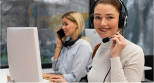 call center representative with a headset working 